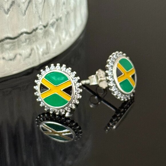 Jamaica Flag Bling Earrings S925 Sterling Silver Stud Earrings Handmade Ear stud - Picture 2 of 6